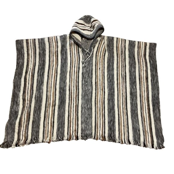 Wool Alpaca Blend Pullover Poncho SZ OS Striped Hooded Boho Unisex - Picture 2 of 3